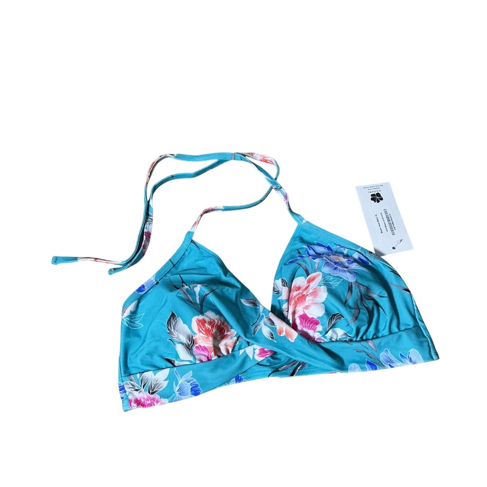 NEW Hapari Bloom Twist Bikini Top Teal Floral Halter Swim‎ XL